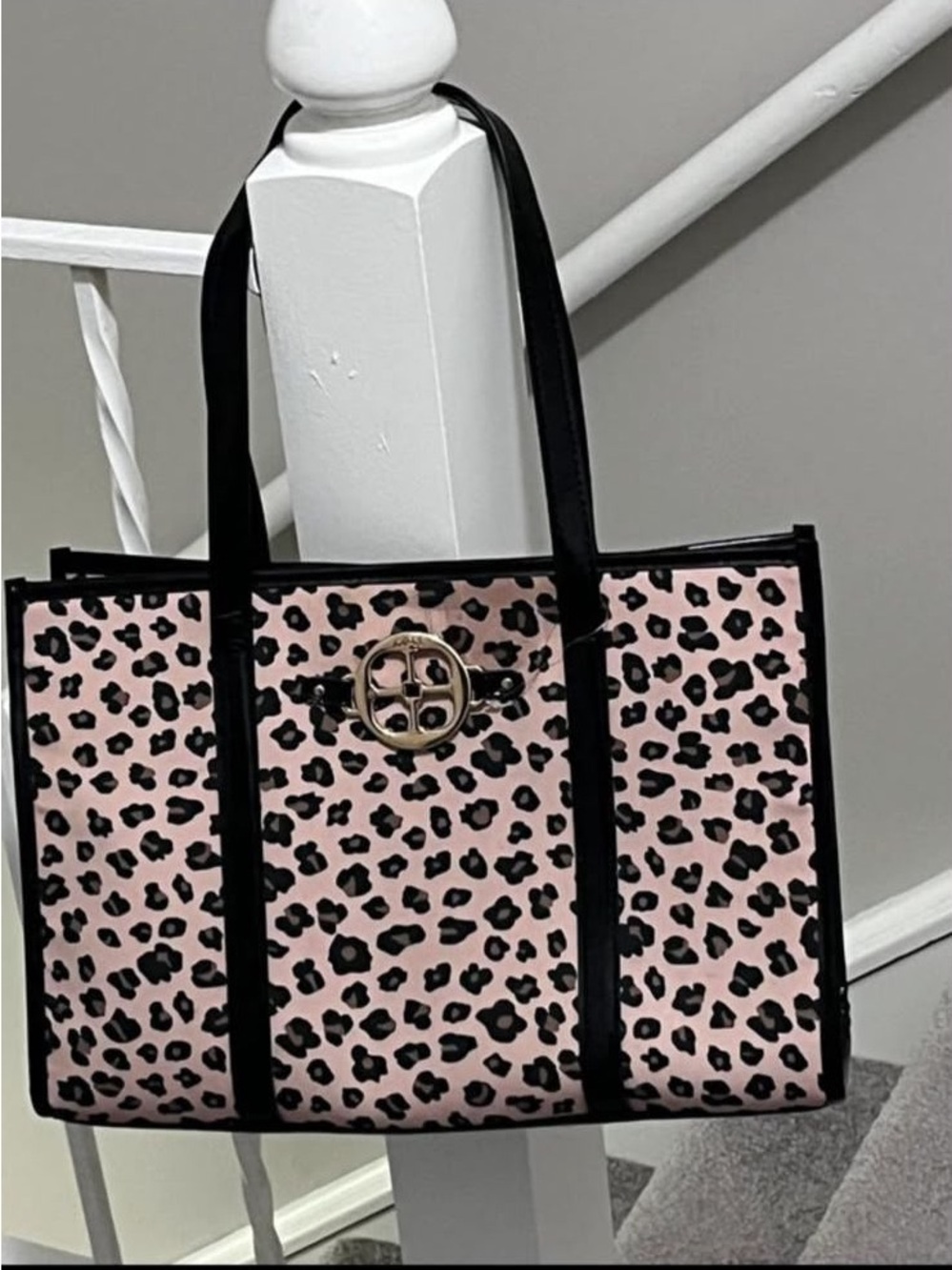IMAN Pink Leopard-Print Tote with Black Trim